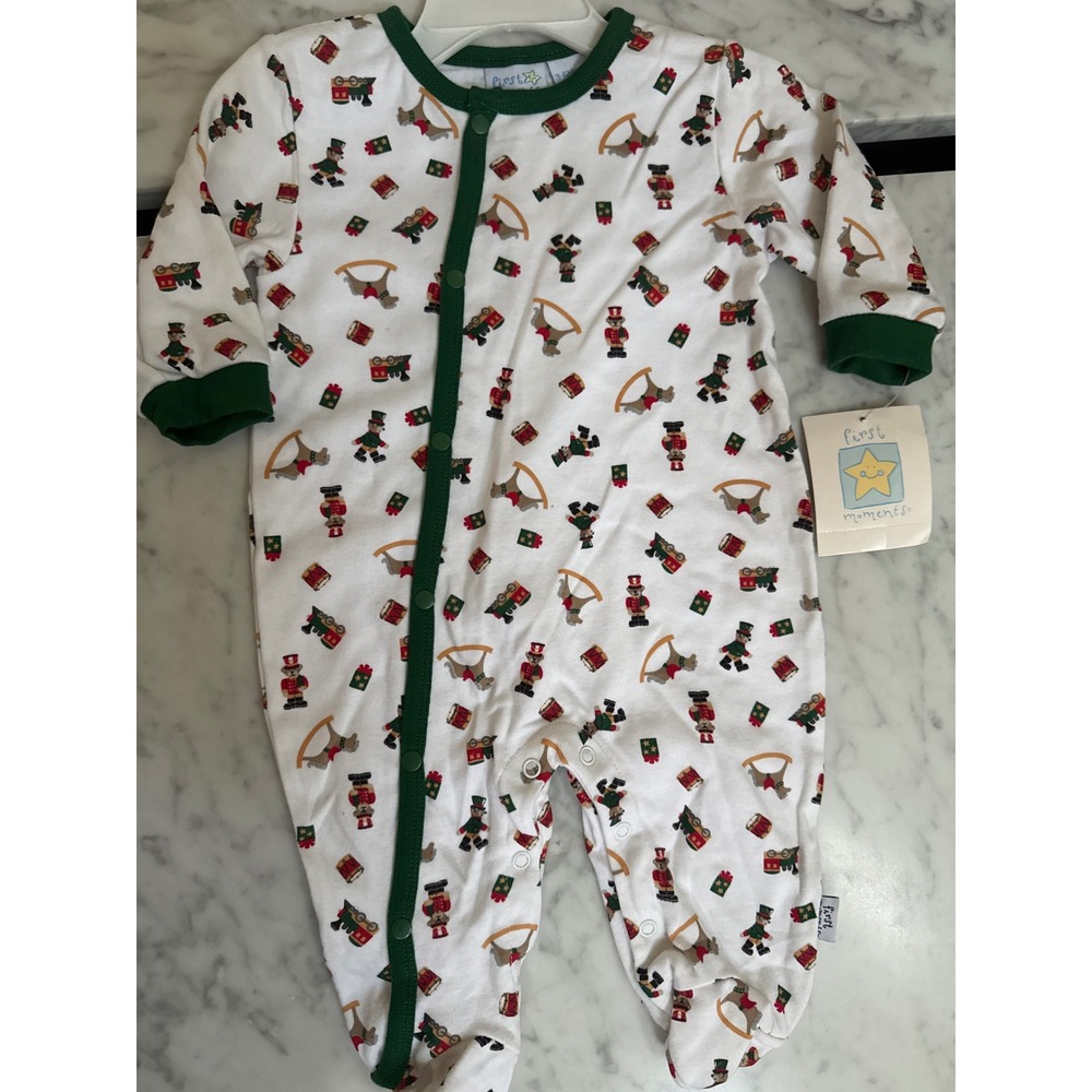 First Moments Baby Nutcracker Bear Christmas Footed Sleeper White Green 3-6M NWT